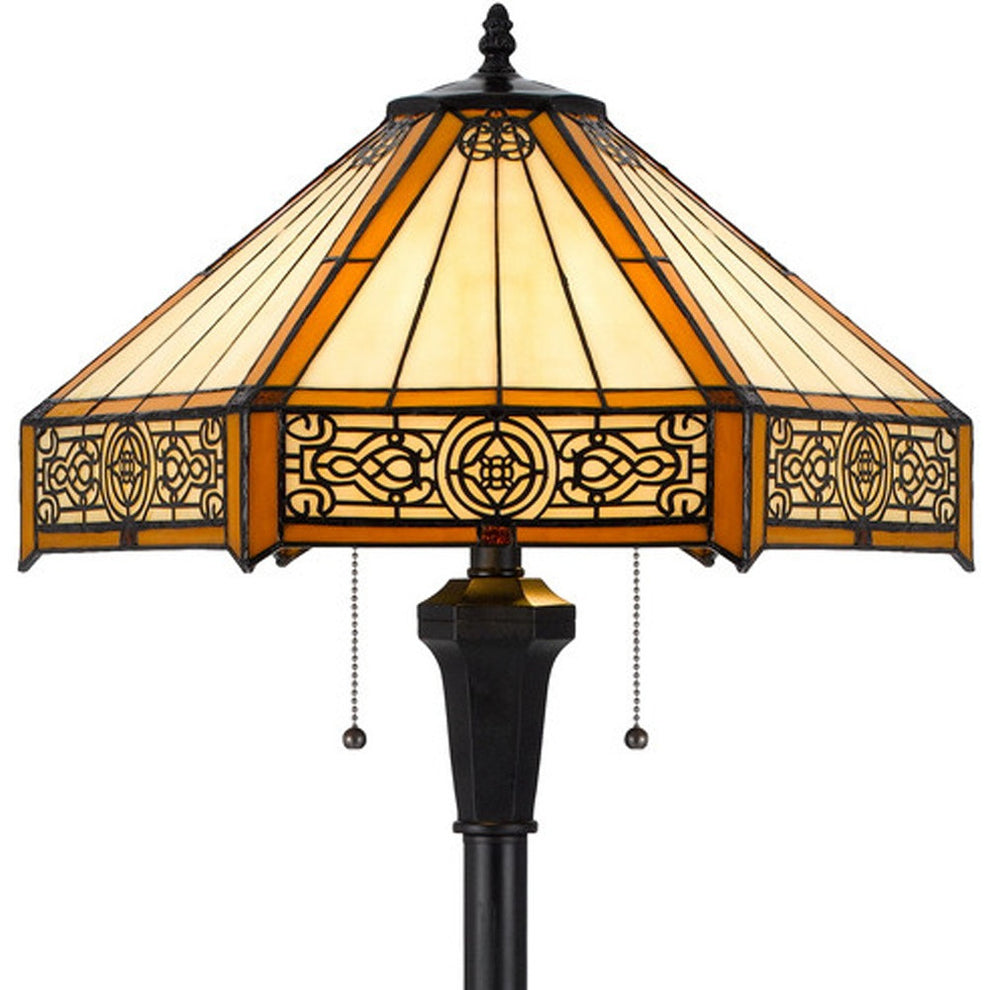 Bronze Two Light Traditional Shaped Floor Lamp With Orange and Ivory Abstract Tiffany Glass Empire Shade By Homeroots | Floor Lamps | Modishstore - 4