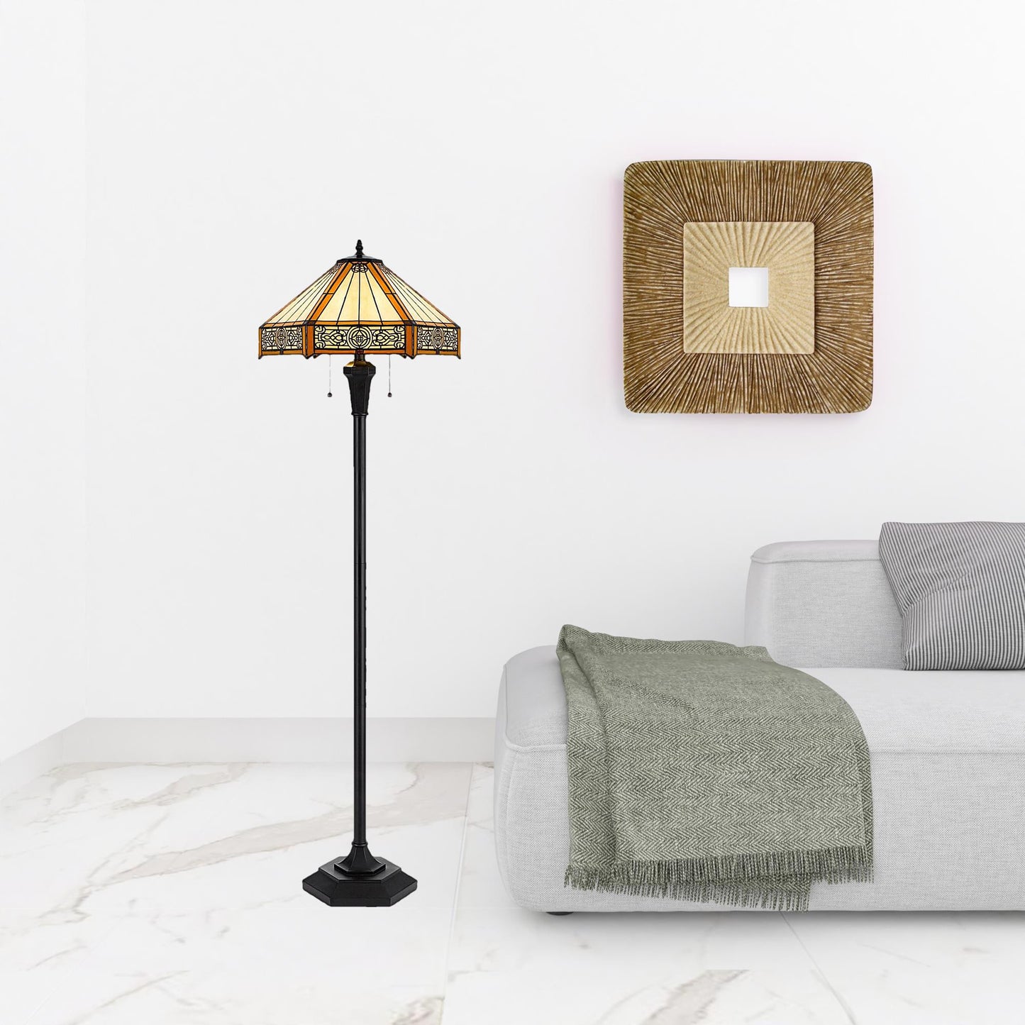 Bronze Two Light Traditional Shaped Floor Lamp With Orange and Ivory Abstract Tiffany Glass Empire Shade By Homeroots | Floor Lamps | Modishstore - 2