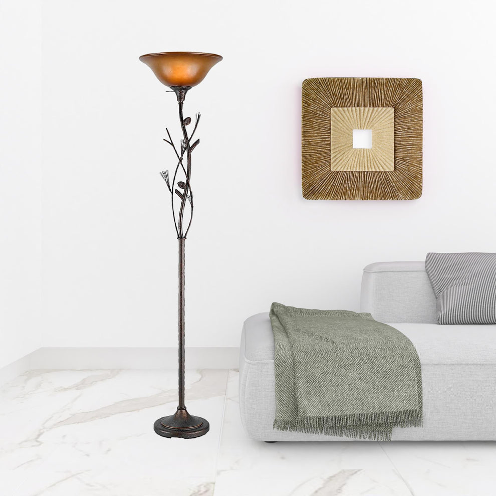 Amber Torchiere Floor Lamp With Brown Glass Dome Shade By Homeroots | Floor Lamps | Modishstore - 2
