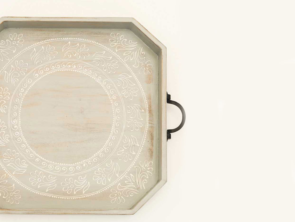 Set Of Two Gray and White Octagon Solid Wood Paisley Handmade Serving Tray With Handles By Homeroots | Trays & Pedestals | Modishstore - 3