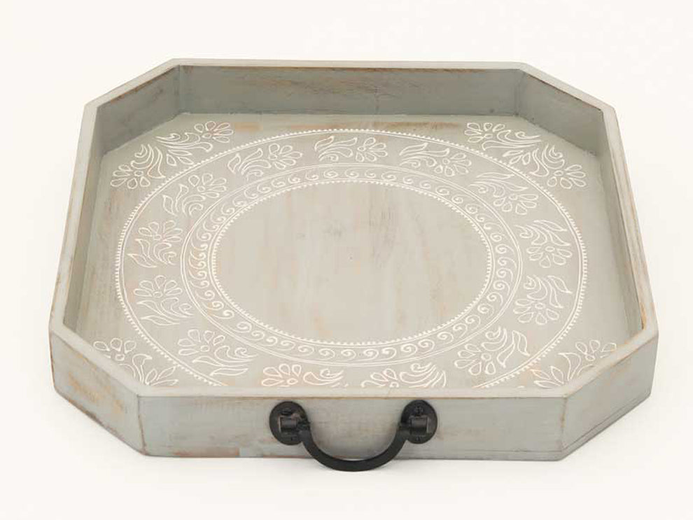 Set Of Two Gray and White Octagon Solid Wood Paisley Handmade Serving Tray With Handles By Homeroots | Trays & Pedestals | Modishstore - 4
