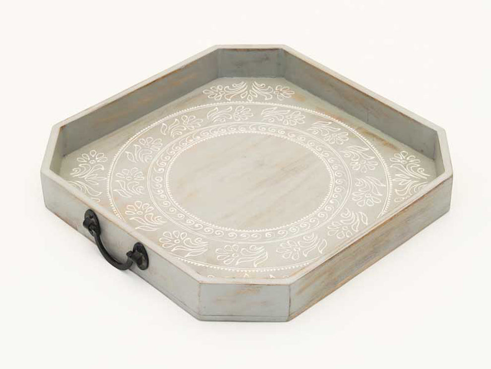 Set Of Two Gray and White Octagon Solid Wood Paisley Handmade Serving Tray With Handles By Homeroots | Trays & Pedestals | Modishstore - 7