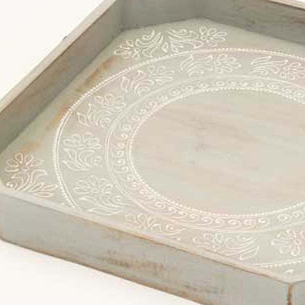 Set Of Two Gray and White Octagon Solid Wood Paisley Handmade Serving Tray With Handles By Homeroots | Trays & Pedestals | Modishstore - 2