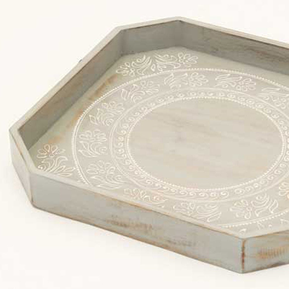 Set Of Two Gray and White Octagon Solid Wood Paisley Handmade Serving Tray With Handles By Homeroots | Trays & Pedestals | Modishstore - 6