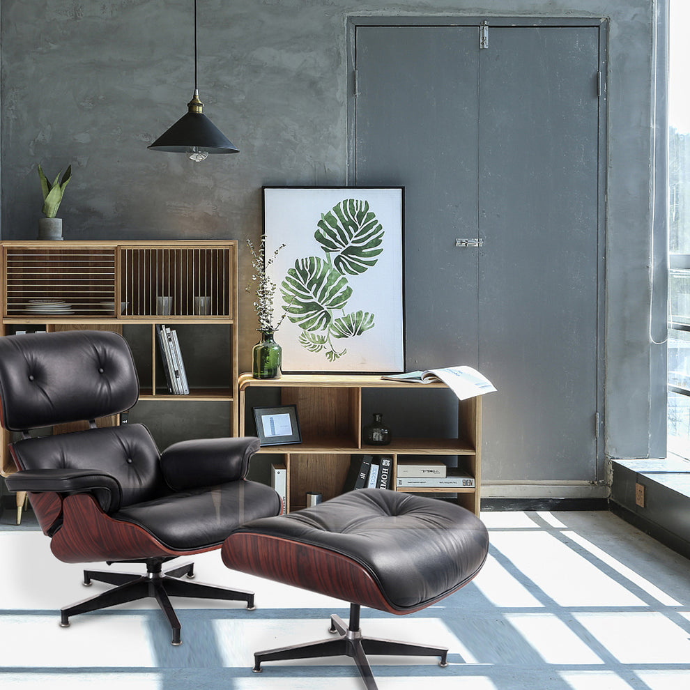 Black and Dark Brown Genuine Leather Tufted Swivel Lounge Chair With Ottoman By Homeroots | Accent Chairs | Modishstore - 7