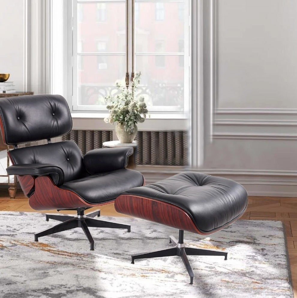 Black and Dark Brown Genuine Leather Tufted Swivel Lounge Chair With Ottoman By Homeroots | Accent Chairs | Modishstore - 2