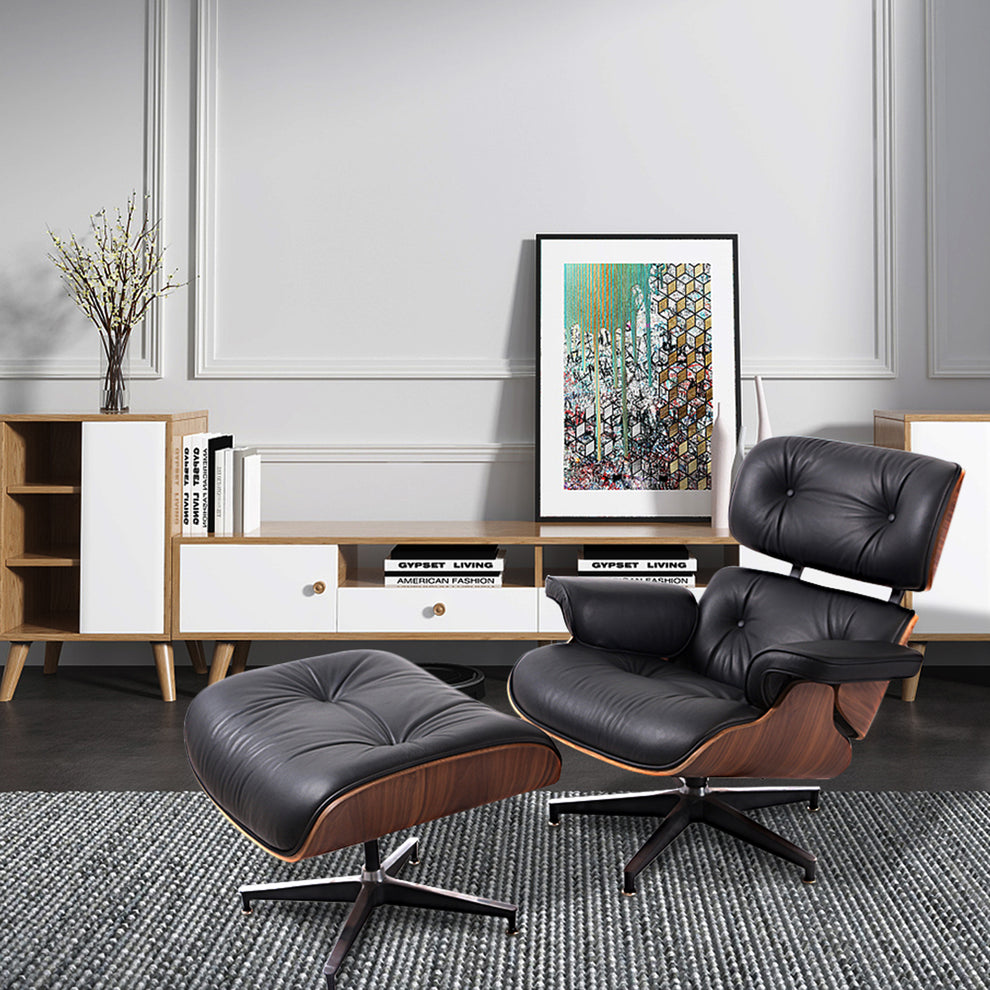 Black and Brown Genuine Leather Tufted Swivel Lounge Chair With Ottoman By Homeroots | Accent Chairs | Modishstore - 7