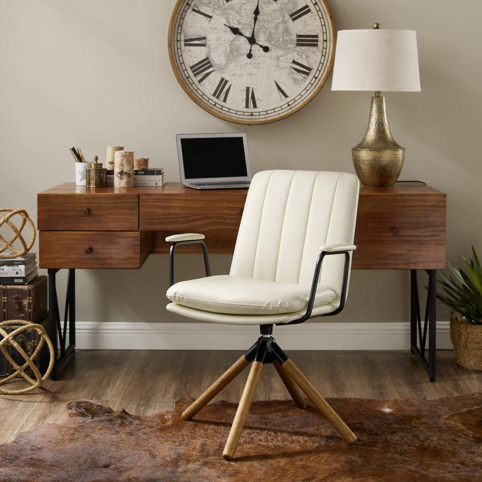 Off White Faux Leather And Brown Swivel Arm Chair By Homeroots | Accent Chairs | Modishstore - 7