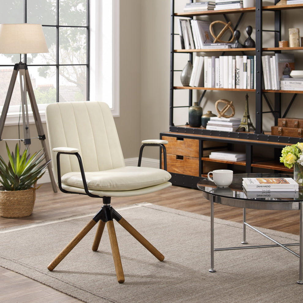 Off White Faux Leather And Brown Swivel Arm Chair By Homeroots | Accent Chairs | Modishstore - 3