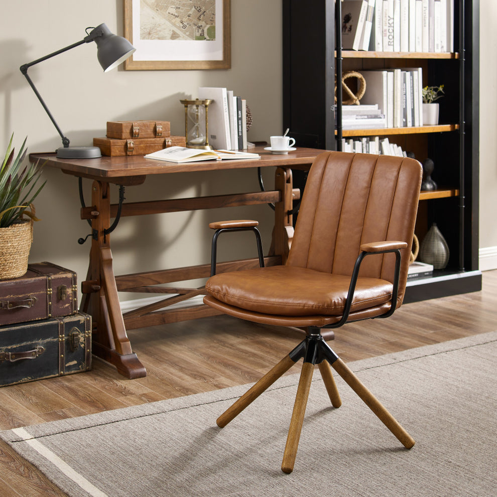 Brown Faux Leather Swivel Arm Chair By Homeroots | Accent Chairs | Modishstore - 7