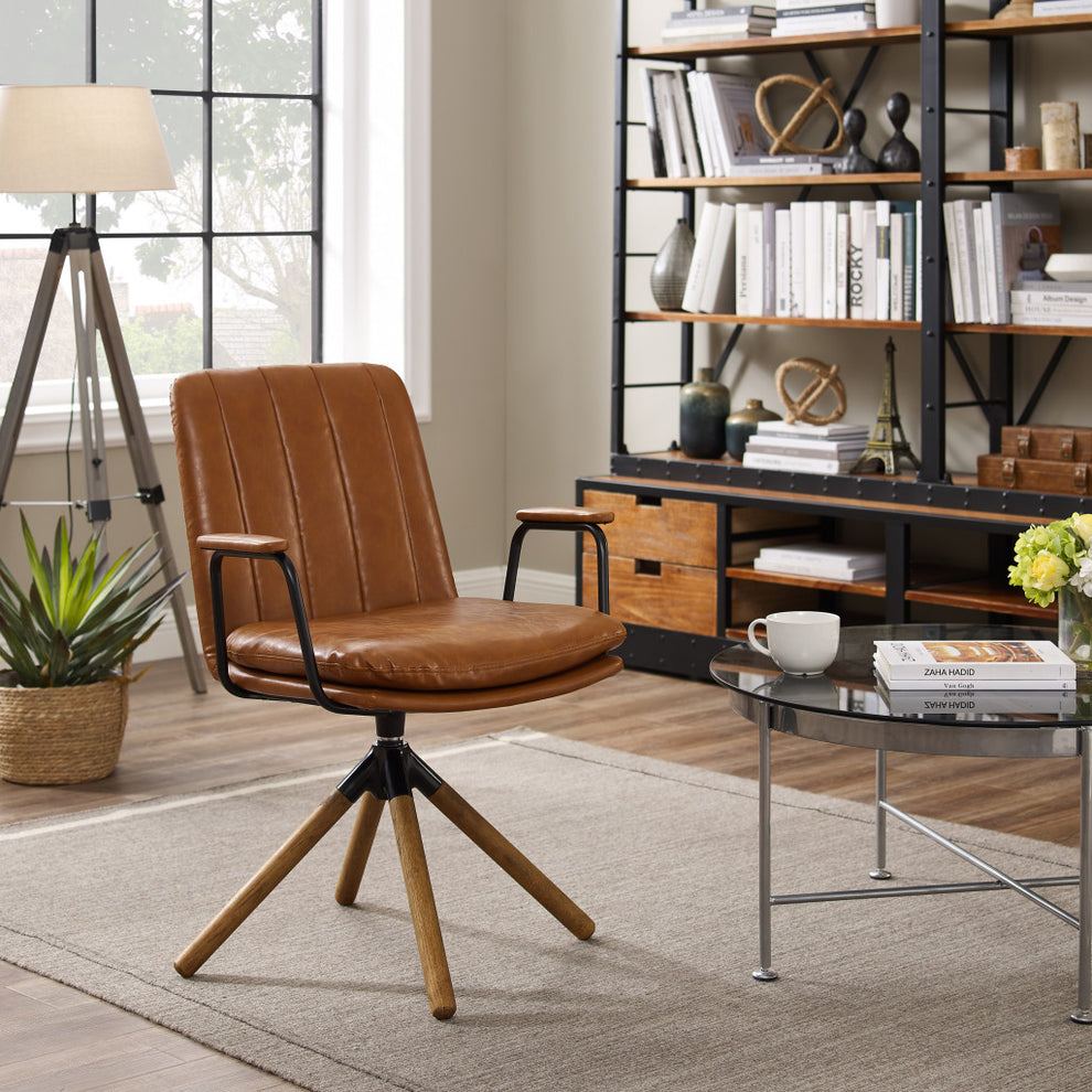 Brown Faux Leather Swivel Arm Chair By Homeroots | Accent Chairs | Modishstore - 3