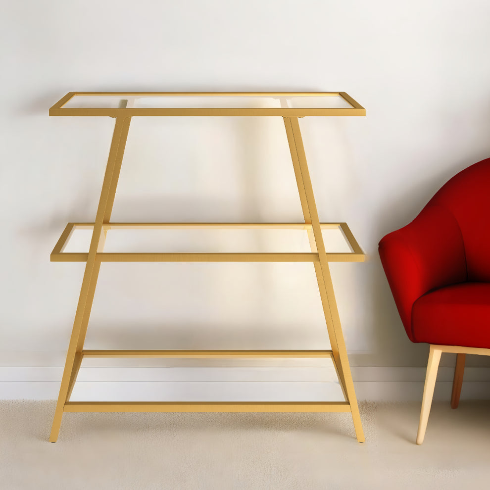 Gold Metal And Glass Three Tier Etagere Bookcase By Homeroots | Bookcases | Modishstore - 7