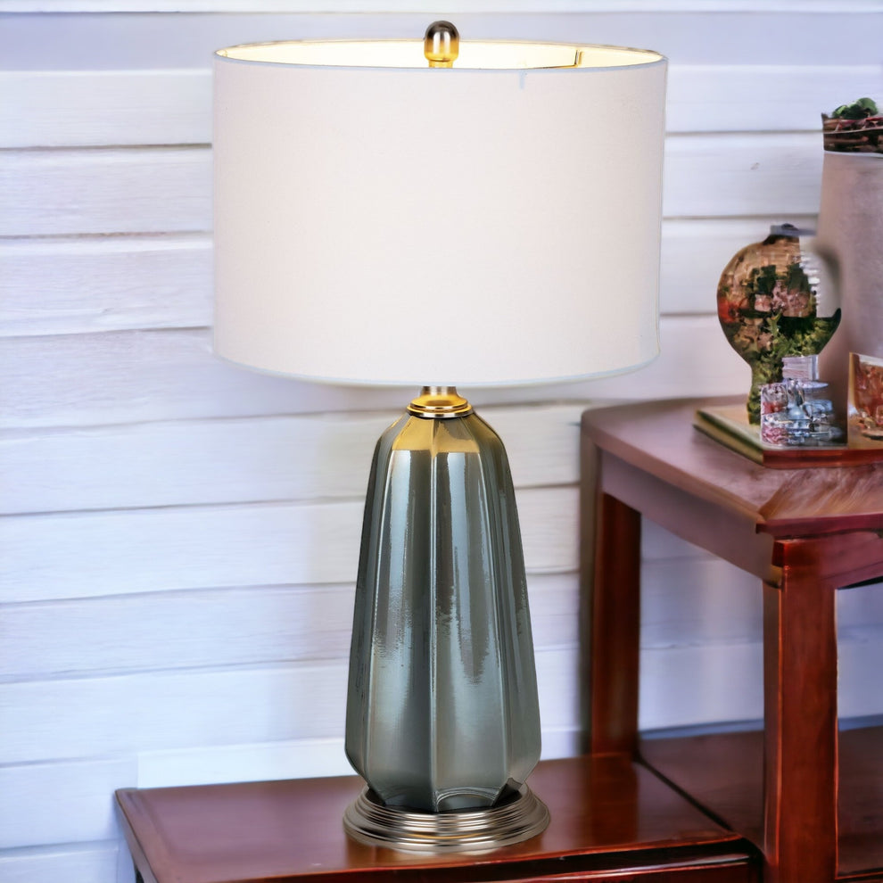 Blue Gray Ceramic LED Table Lamp With White Drum Shade By Homeroots | Table Lamps | Modishstore - 5