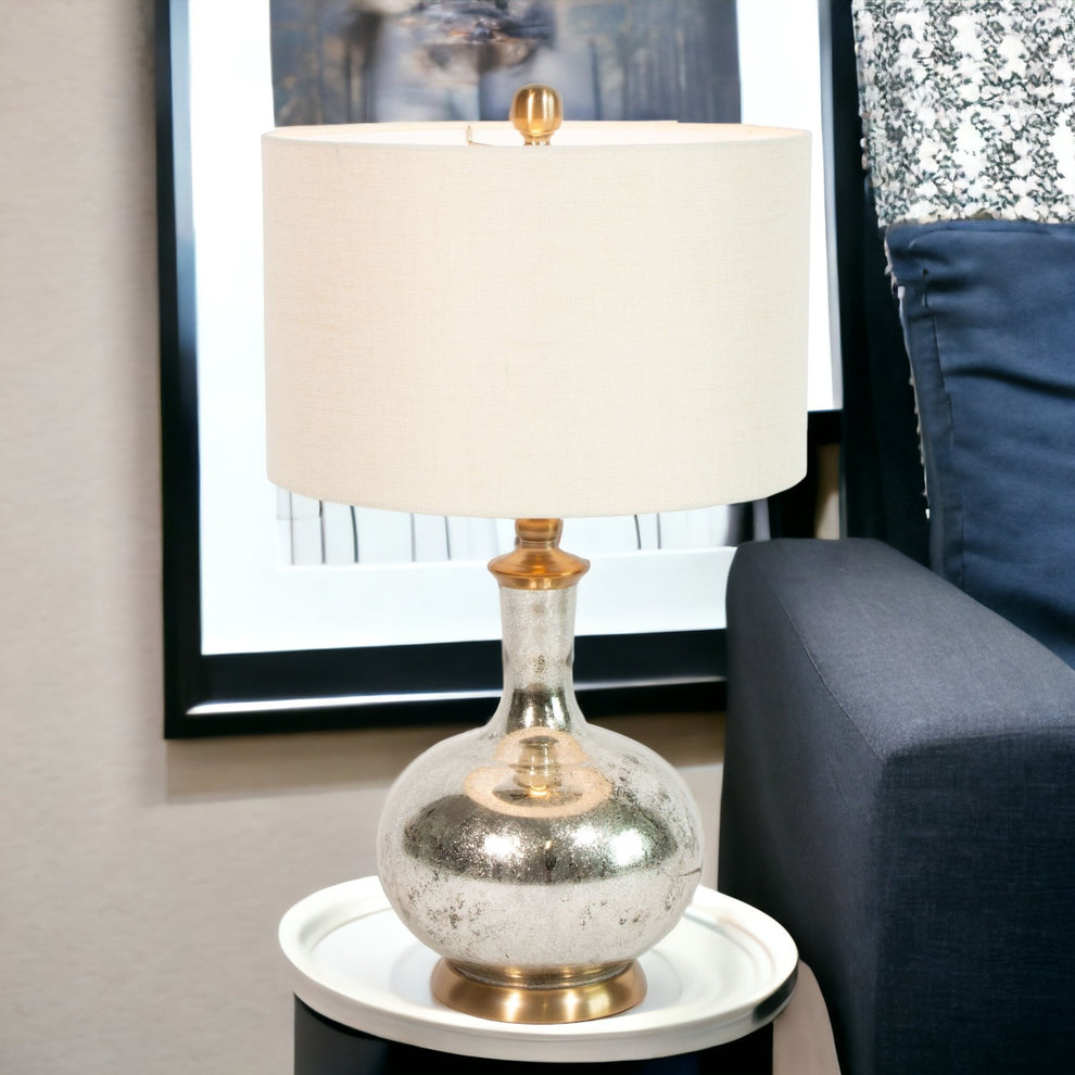 Silver Metallic Glass LED Table Lamp With Ivory Drum Shade By Homeroots | Table Lamps | Modishstore - 7
