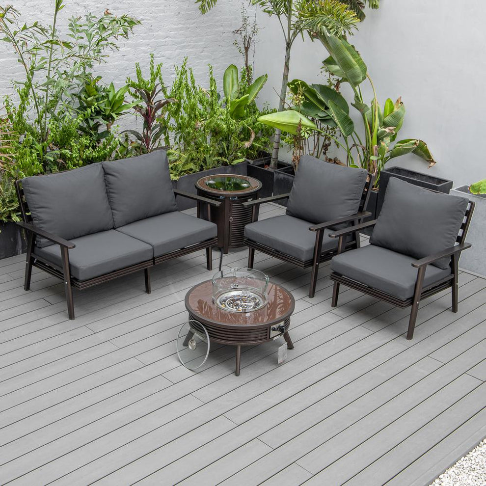 LeisureMod Walbrooke Modern Brown Patio Conversation With Round Fire Pit With Slats Design & Tank Holder | Outdoor Sofas, Loveseats & Sectionals | Modishstore - 2