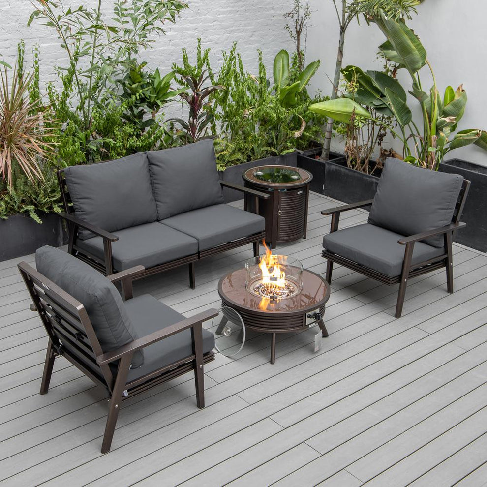 LeisureMod Walbrooke Modern Brown Patio Conversation With Round Fire Pit With Slats Design & Tank Holder | Outdoor Sofas, Loveseats & Sectionals | Modishstore