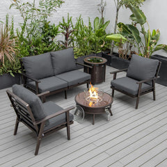 LeisureMod Walbrooke Modern Brown Patio Conversation With Round Fire Pit With Slats Design & Tank Holder