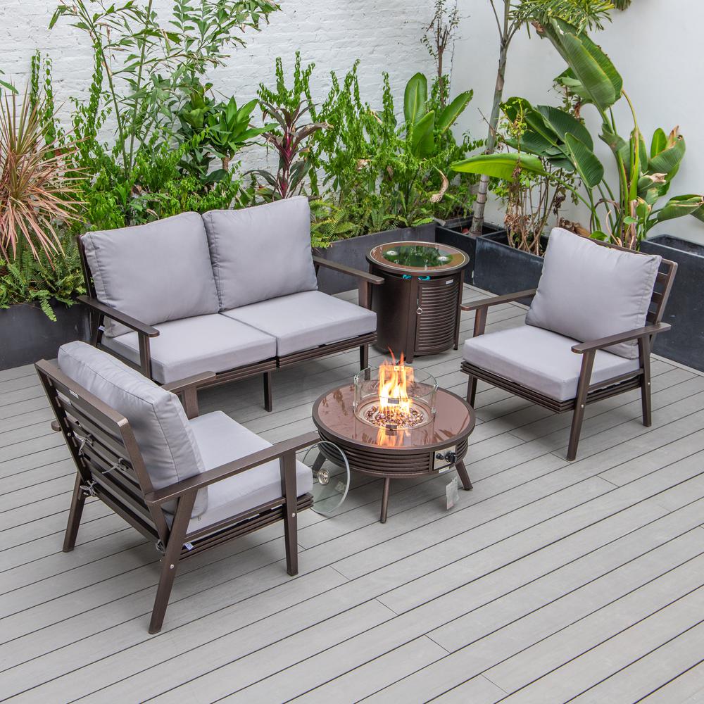 LeisureMod Walbrooke Modern Brown Patio Conversation With Round Fire Pit With Slats Design & Tank Holder | Outdoor Sofas, Loveseats & Sectionals | Modishstore - 53