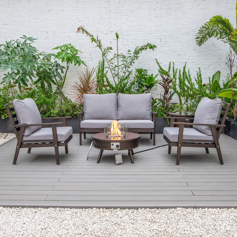 LeisureMod Walbrooke Modern Brown Patio Conversation With Round Fire Pit With Slats Design & Tank Holder | Outdoor Sofas, Loveseats & Sectionals | Modishstore - 54