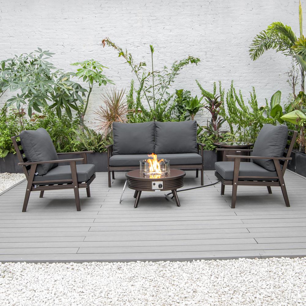 LeisureMod Walbrooke Modern Brown Patio Conversation With Round Fire Pit With Slats Design & Tank Holder | Outdoor Sofas, Loveseats & Sectionals | Modishstore - 7