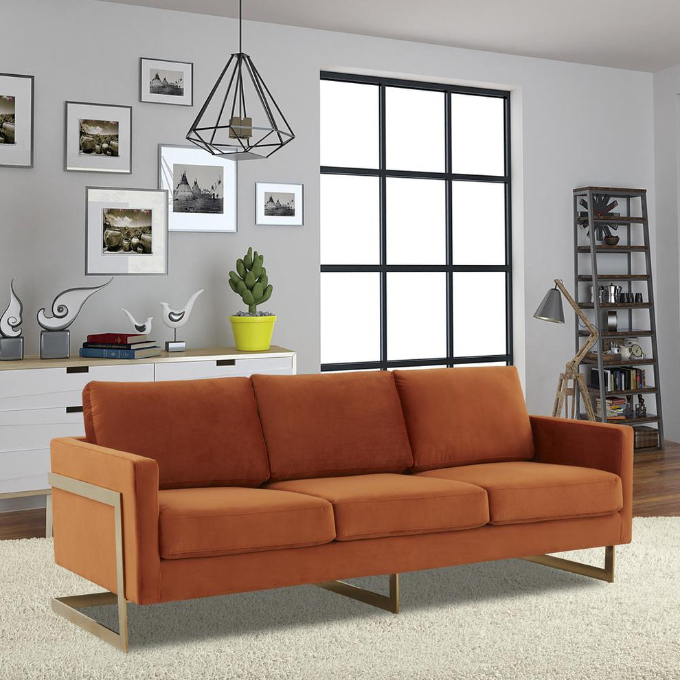 LeisureMod Lincoln Modern Mid-Century Upholstered Velvet Sofa with Gold Frame | Sofas | Modishstore - 21