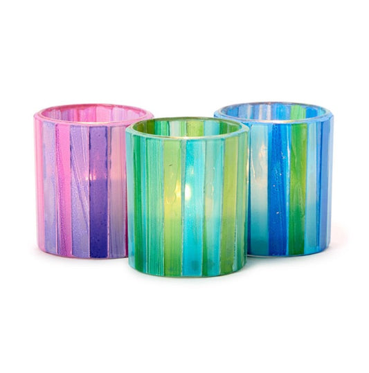 Mosaic Striations Set of 6 Tealight / Votive Candle Holders Includes 3 Colors: Blue, Green, Pink - Two's Company