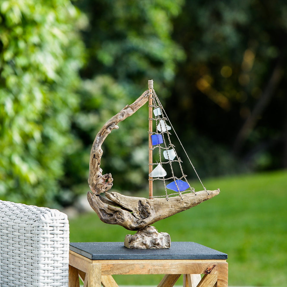 Driftwood Boat with Recycled Glass - Large Set of 4 By Garden Age Supply | Sculptures | Modishstore - 3