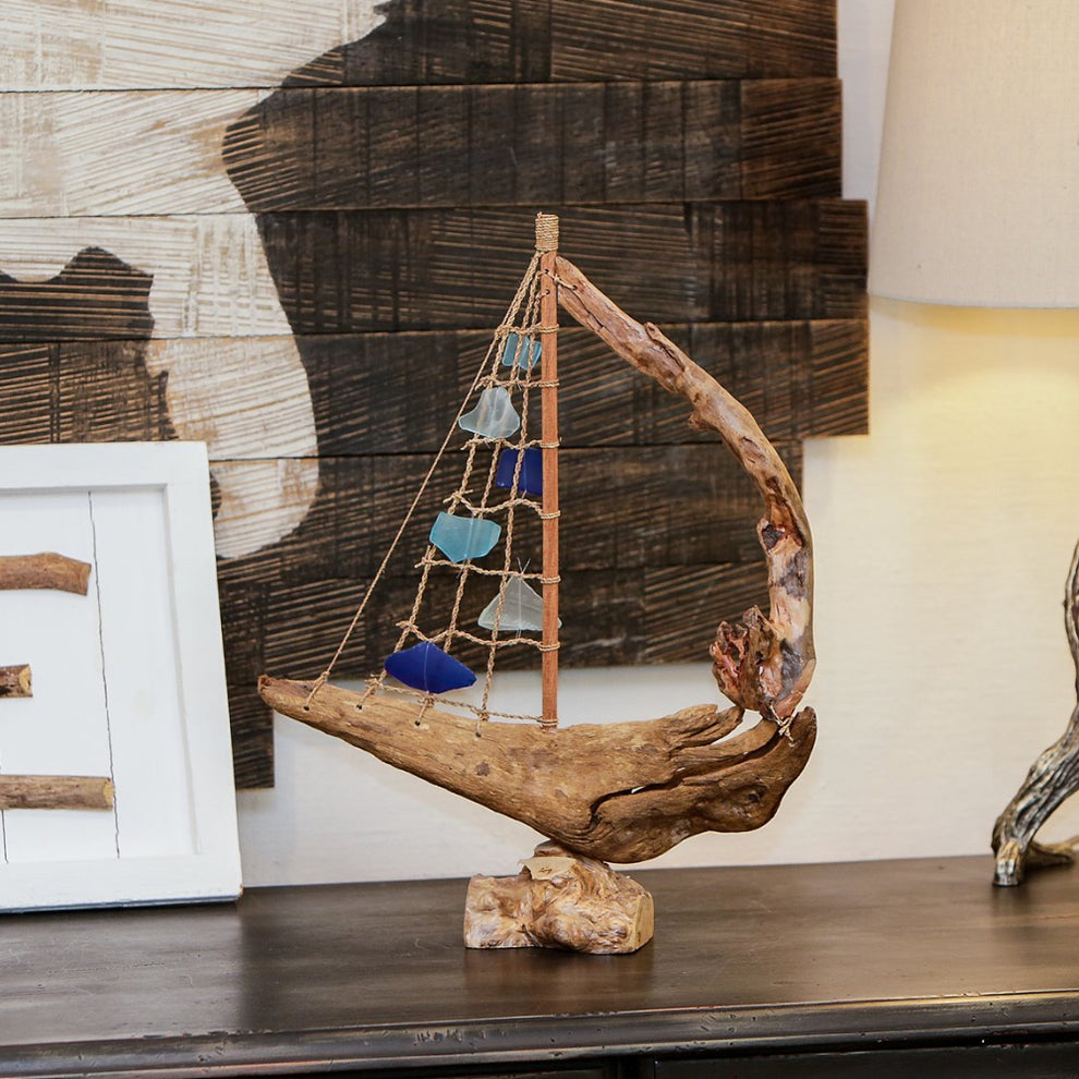 Driftwood Boat with Recycled Glass - Large Set of 4 By Garden Age Supply | Sculptures | Modishstore - 4