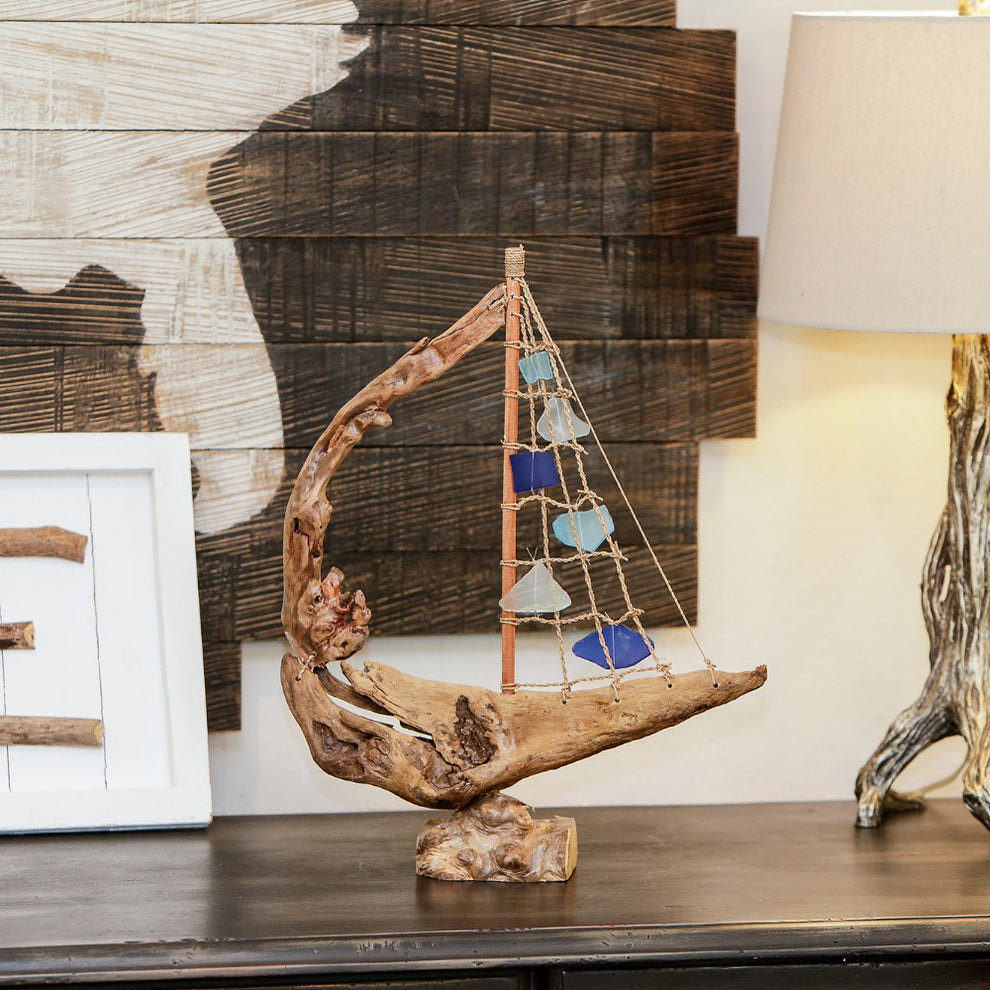 Driftwood Boat with Recycled Glass - Large Set of 4 By Garden Age Supply | Sculptures | Modishstore - 5