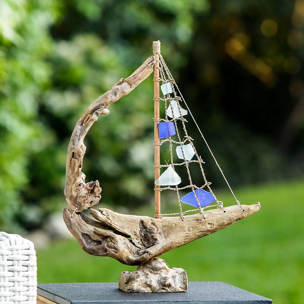Driftwood Boat with Recycled Glass - Large Set of 4 By Garden Age Supply | Sculptures | Modishstore - 1