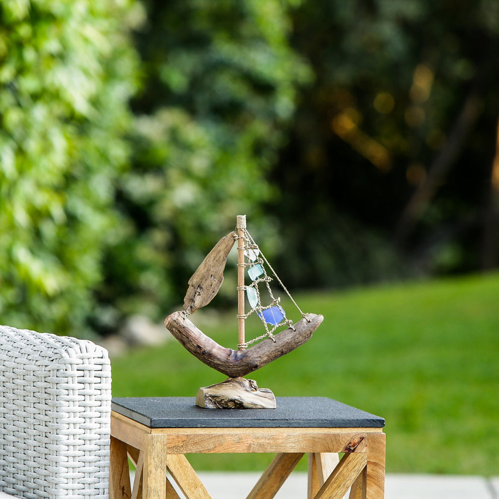 Driftwood Boat with Recycled Glass - Small 13"H Set of 4 By Garden Age Supply | Sculptures | Modishstore - 3