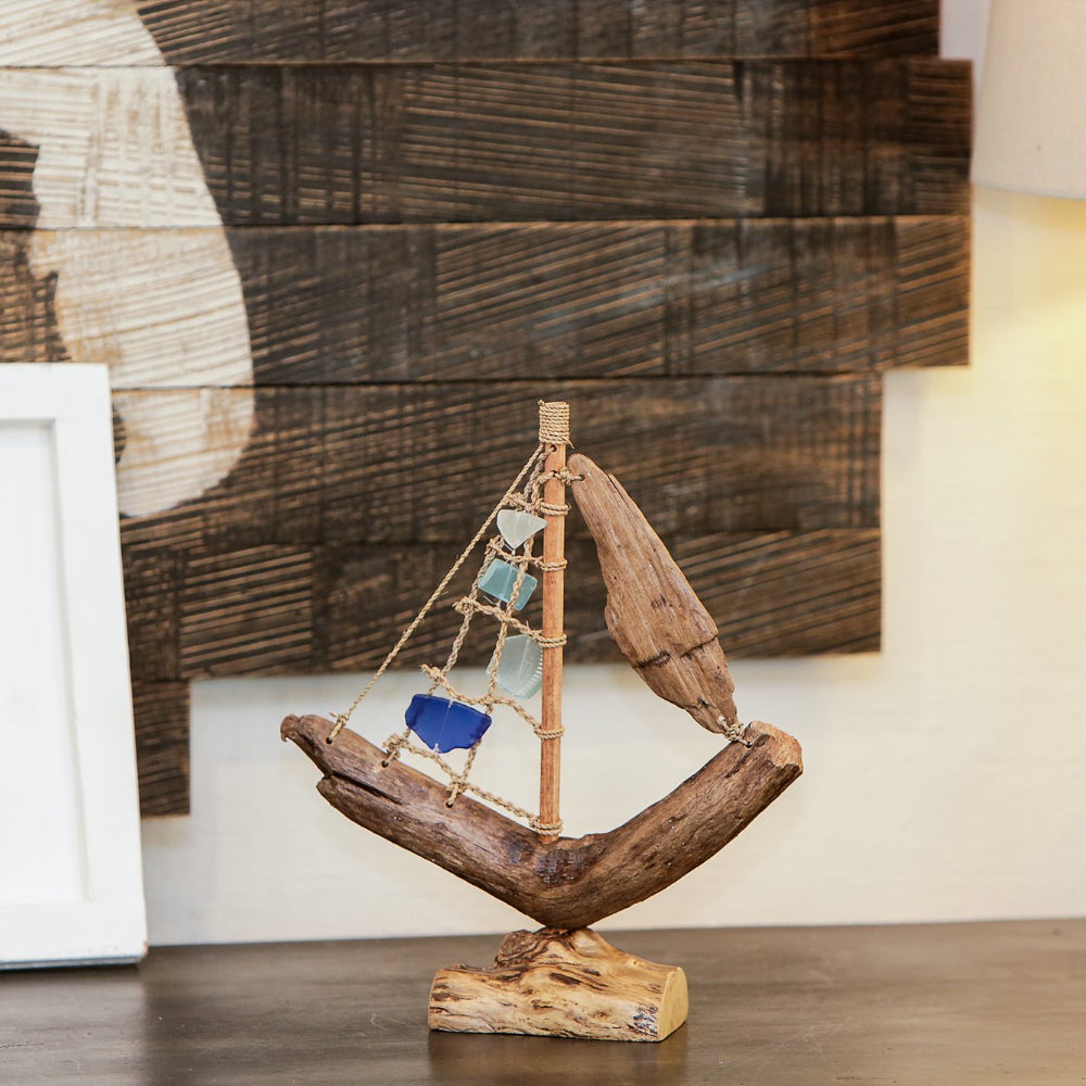 Driftwood Boat with Recycled Glass - Small 13"H Set of 4 By Garden Age Supply | Sculptures | Modishstore - 1