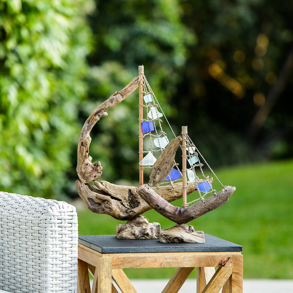 Driftwood Boat with Recycled Glass - Small 13"H Set of 4 By Garden Age Supply