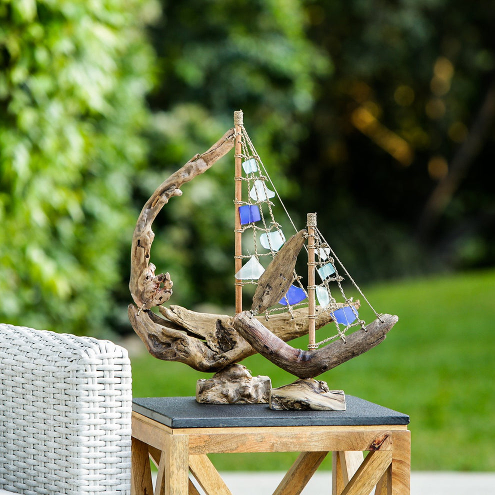 Driftwood Boat with Recycled Glass - Small 13"H Set of 4 By Garden Age Supply | Sculptures | Modishstore - 2