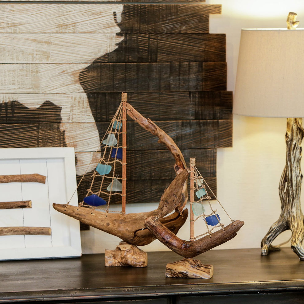 Driftwood Boat with Recycled Glass - Small 13"H Set of 4 By Garden Age Supply | Sculptures | Modishstore - 4