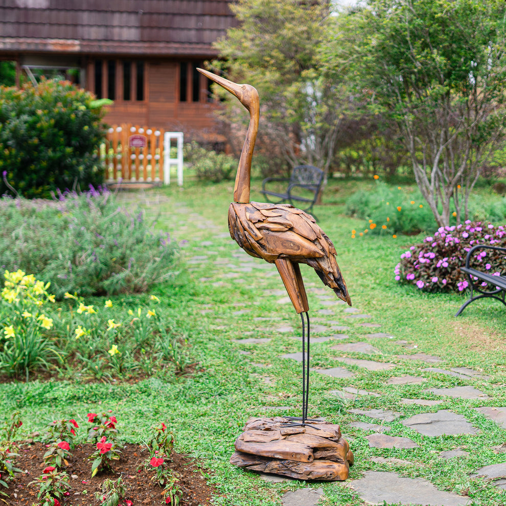 Teak Crane 72"H By Garden Age Supply | Sculptures | Modishstore - 2
