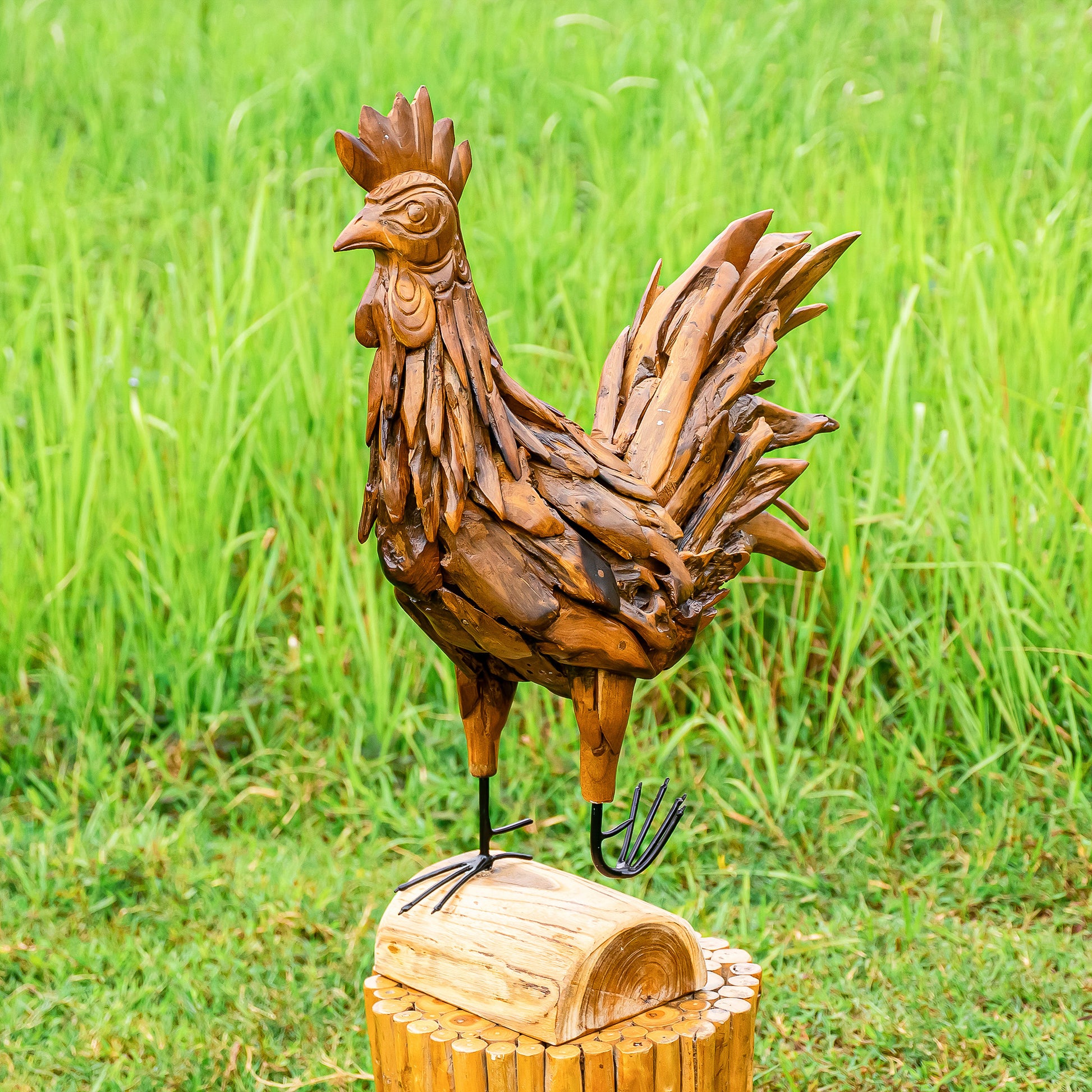 Teak Rooster By Garden Age Supply | Sculptures | Modishstore - 1