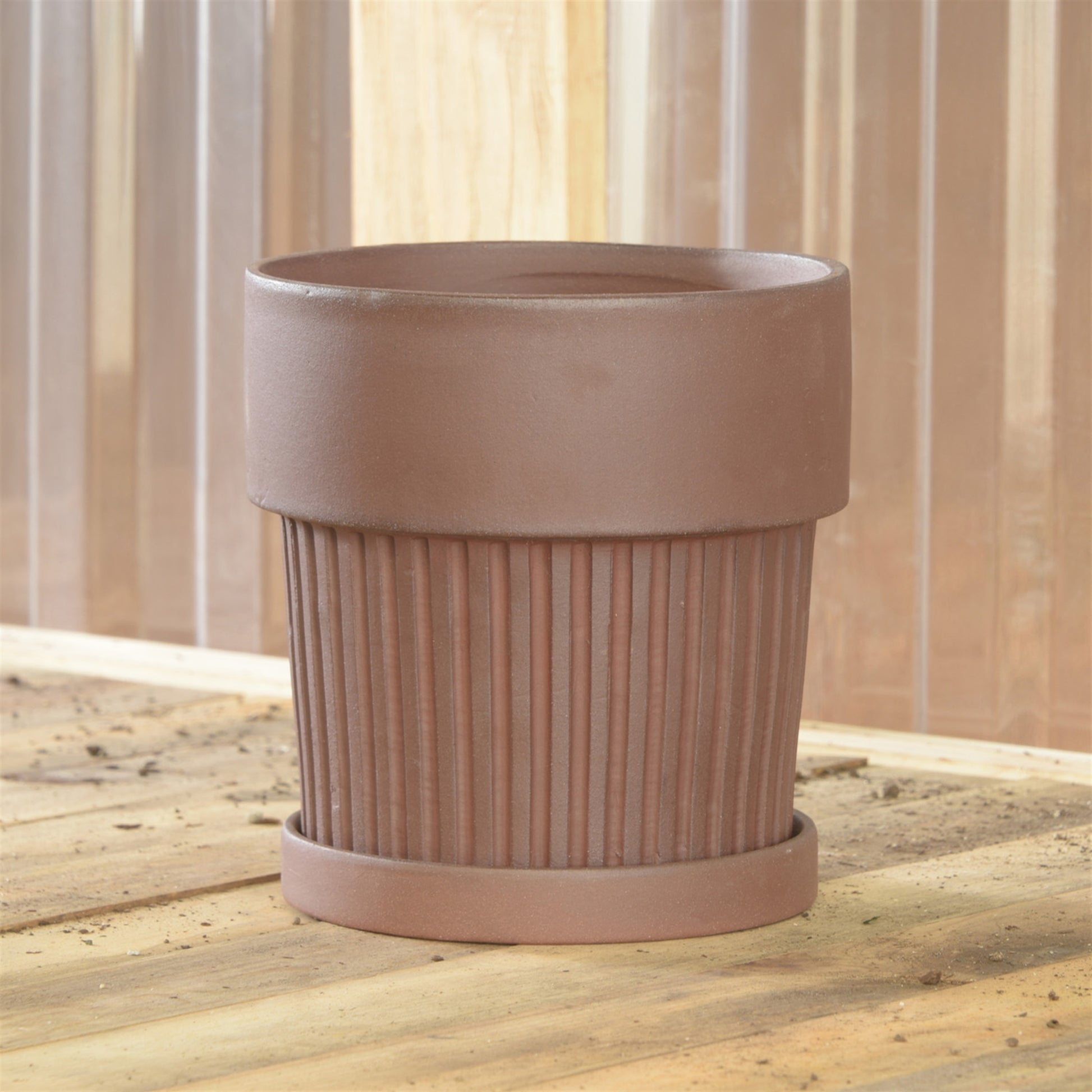 Ribbed Clay Pot & Saucer - Large - Brown Clay Set Of 4 By HomArt | Planters, Troughs & Cachepots | Modishstore - 5