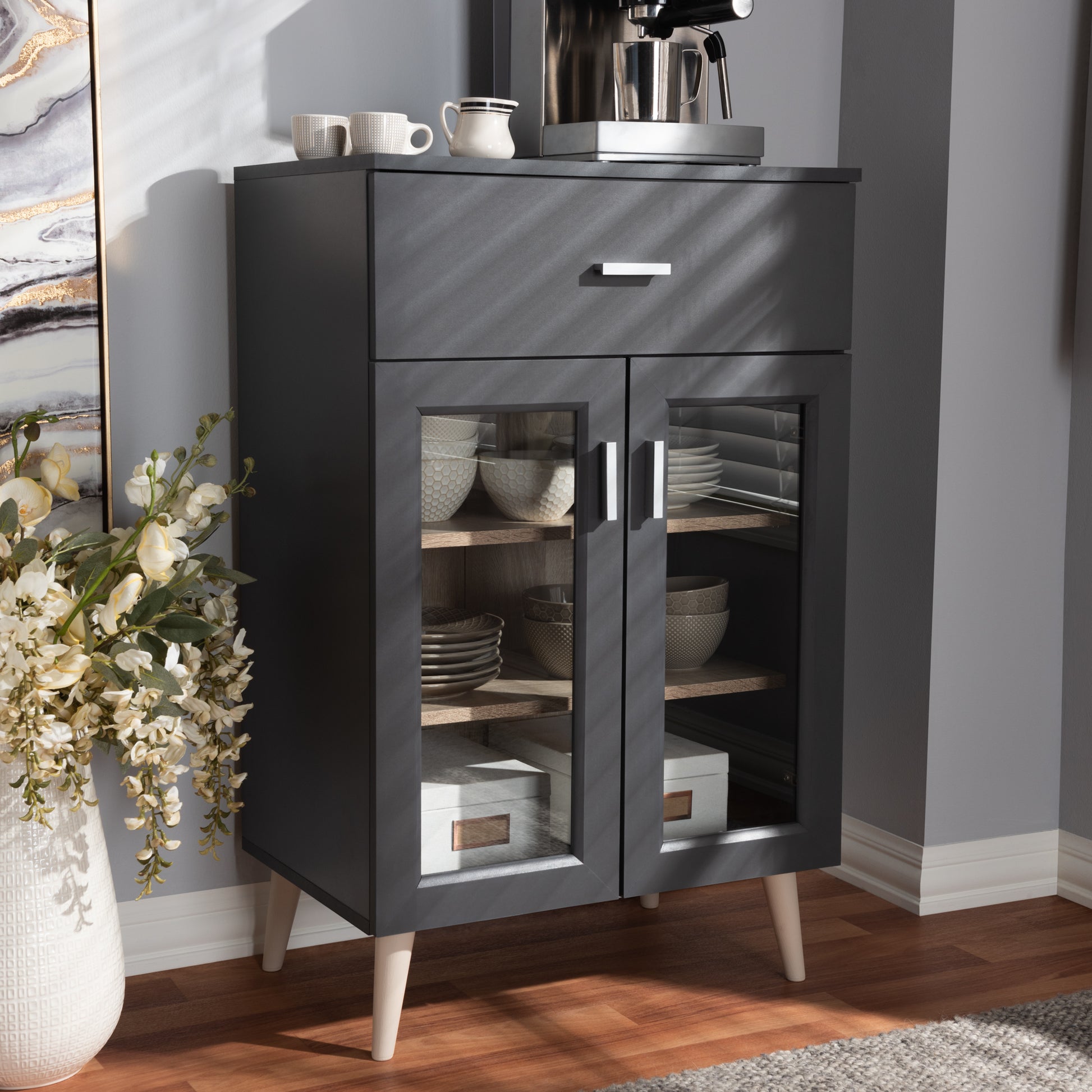 Baxton Studio Jonas Modern and Contemporary Dark Grey and Oak Brown Finished Kitchen Cabinet | Cabinets | Modishstore