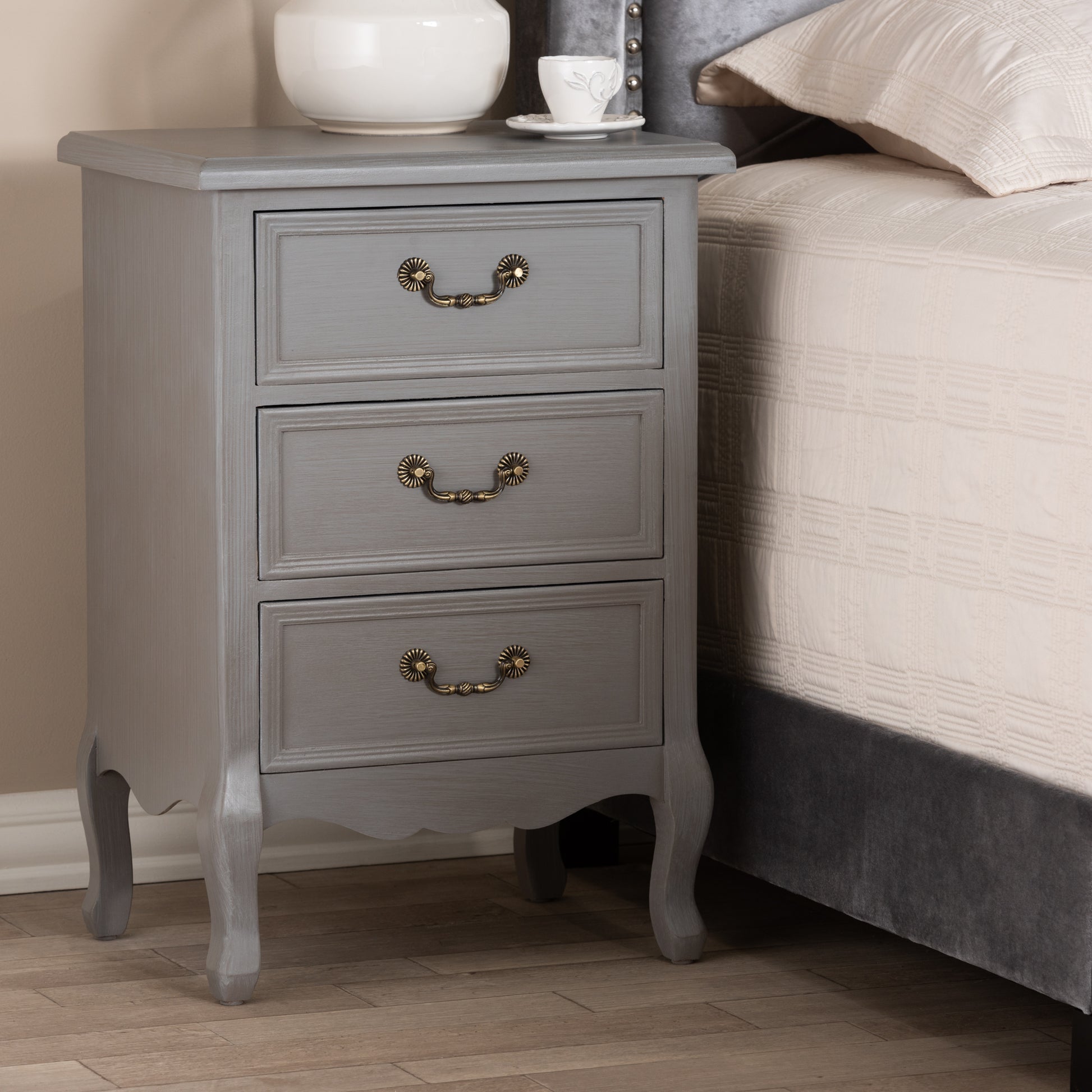 Baxton Studio Capucine Antique French Country Cottage Grey Finished Wood 3-Drawer End Table | Cabinets | Modishstore
