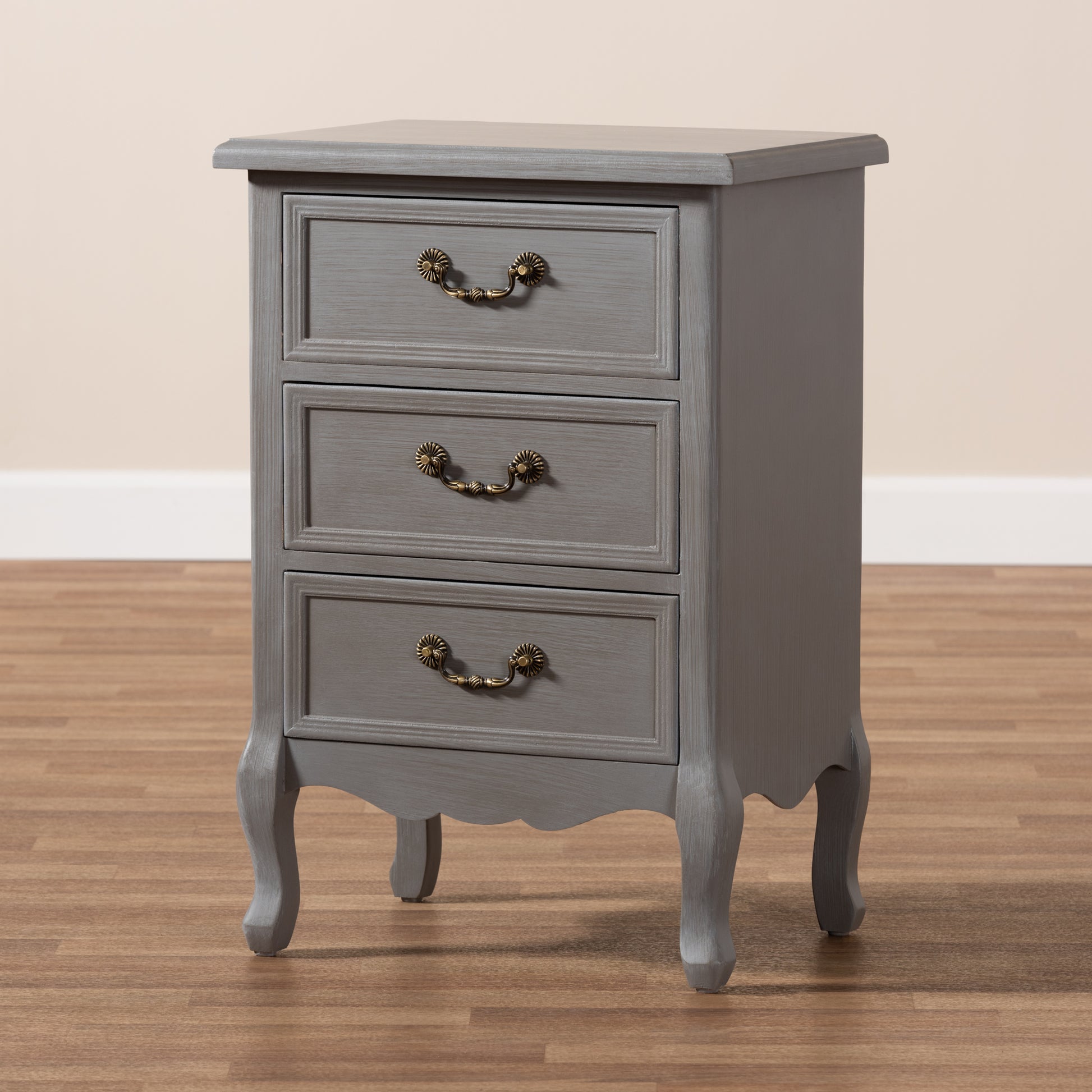 Baxton Studio Capucine Antique French Country Cottage Grey Finished Wood 3-Drawer End Table | Cabinets | Modishstore - 2