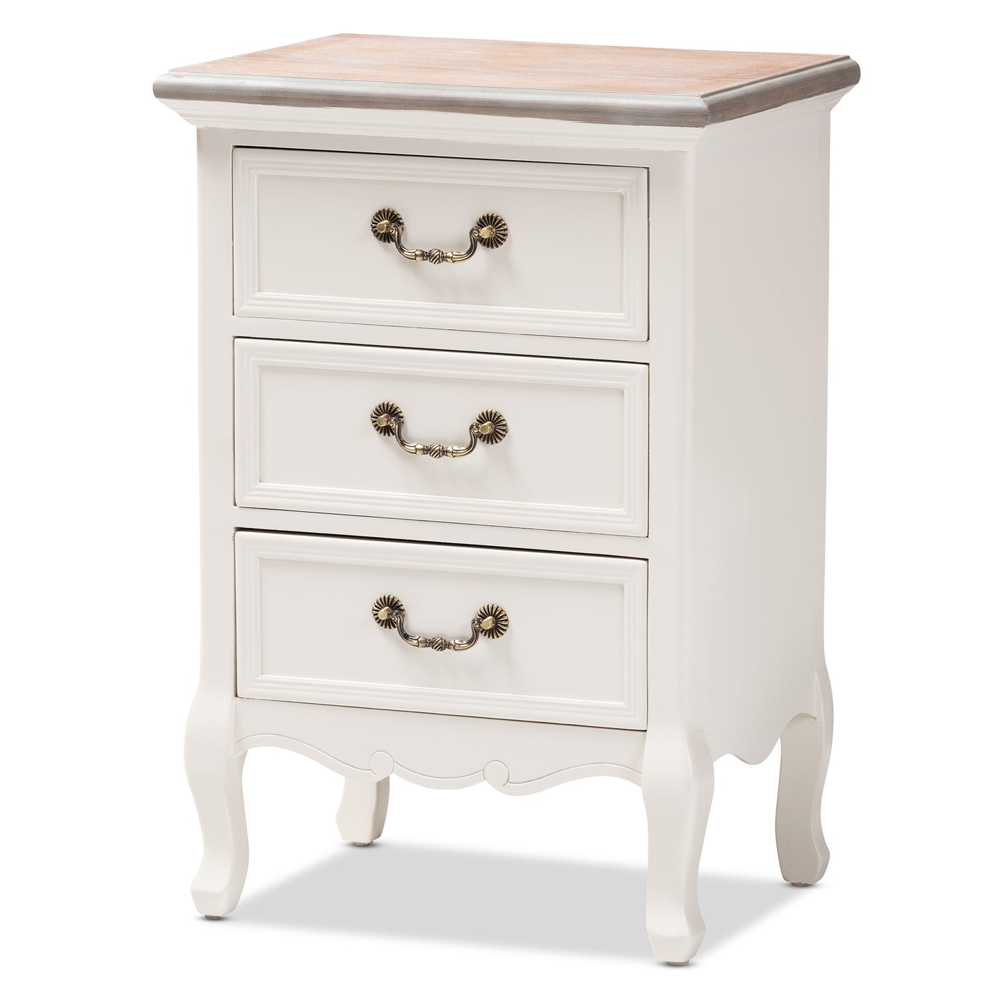 Baxton Studio Capucine Antique French Country Cottage Two Tone Natural Whitewashed Oak and White Finished Wood 3-Drawer End Table | Cabinets | Modishstore - 4