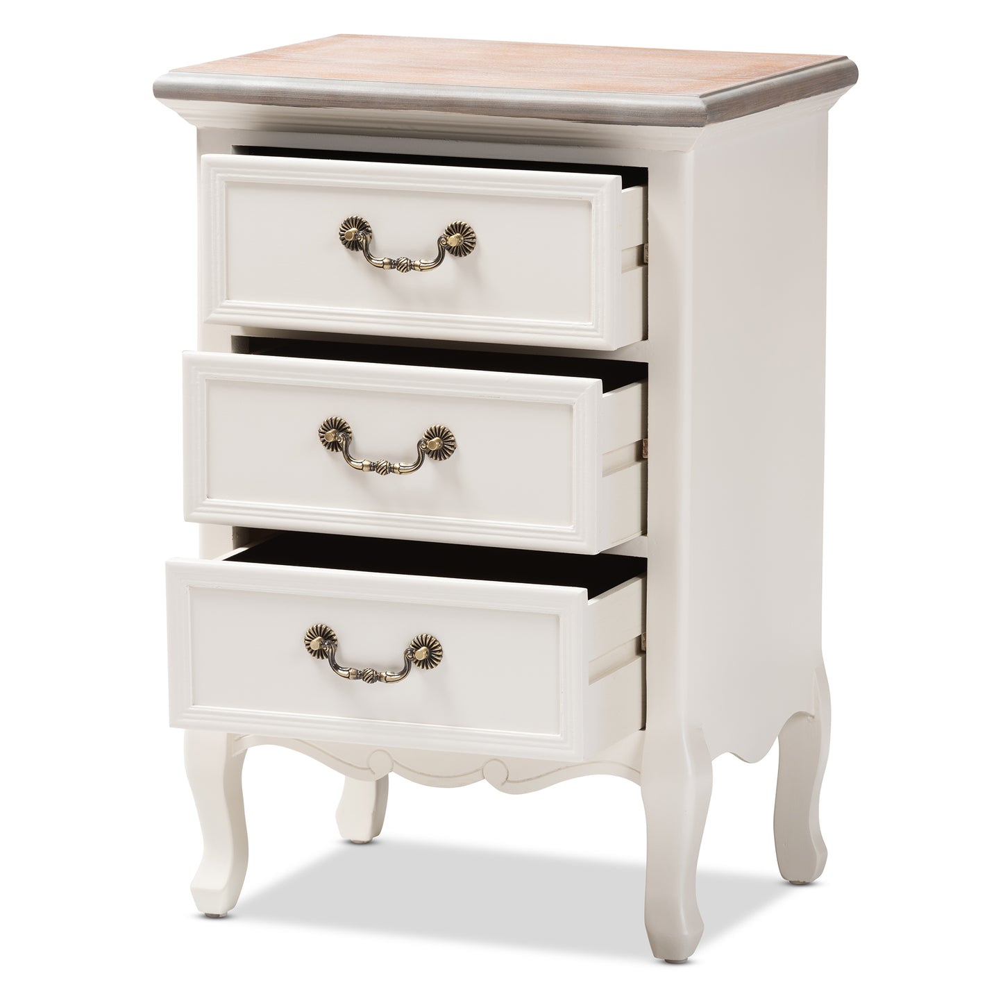 Baxton Studio Capucine Antique French Country Cottage Two Tone Natural Whitewashed Oak and White Finished Wood 3-Drawer End Table | Cabinets | Modishstore - 5