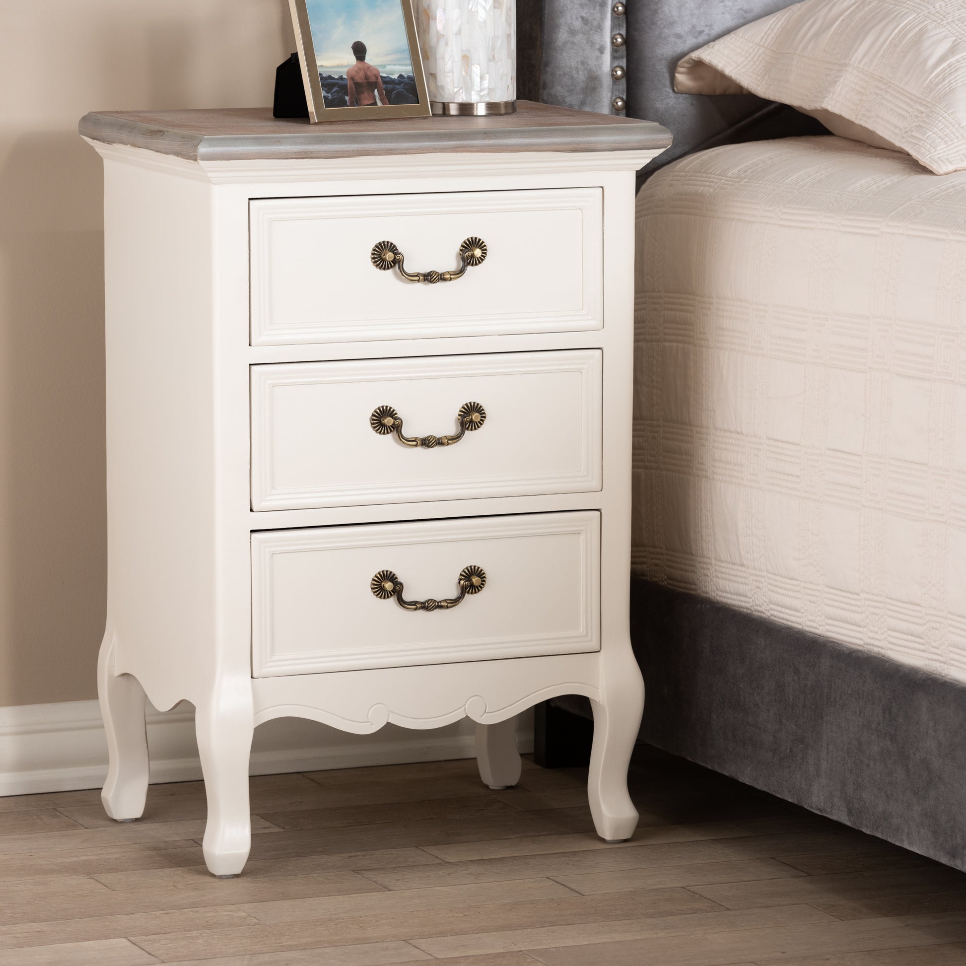 Baxton Studio Capucine Antique French Country Cottage Two Tone Natural Whitewashed Oak and White Finished Wood 3-Drawer End Table | Cabinets | Modishstore