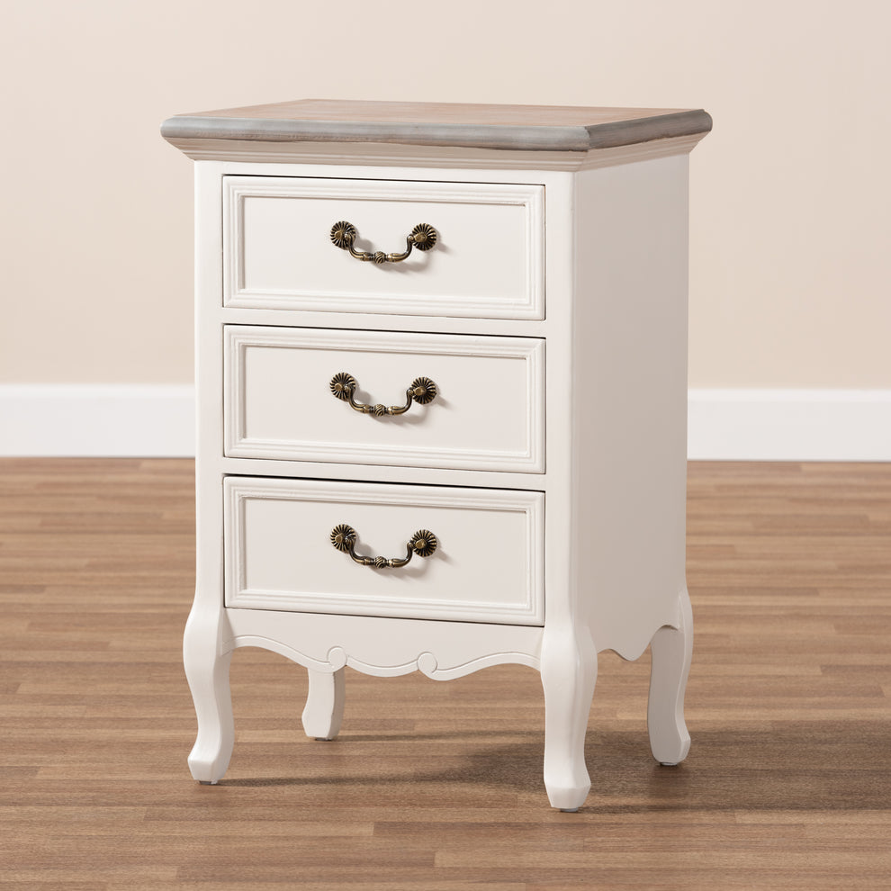 Baxton Studio Capucine Antique French Country Cottage Two Tone Natural Whitewashed Oak and White Finished Wood 3-Drawer End Table | Cabinets | Modishstore - 2