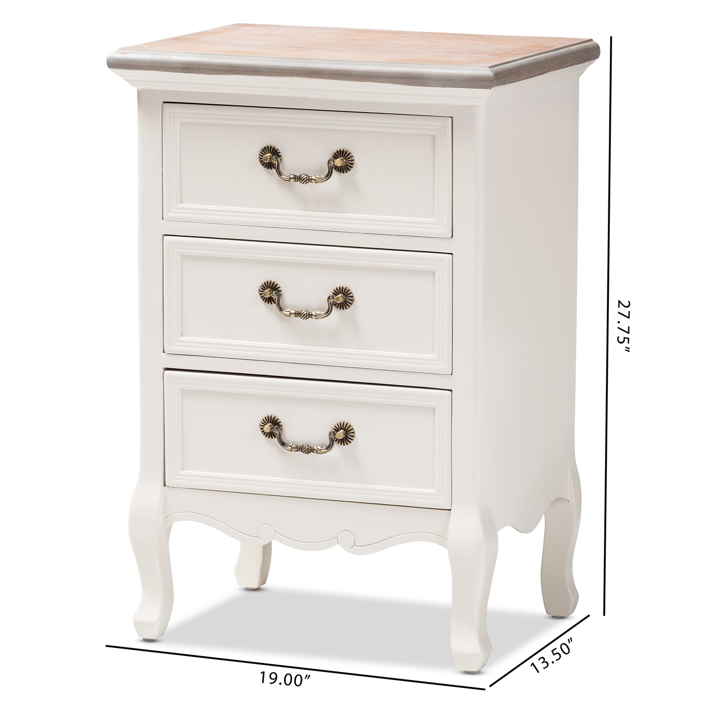 Baxton Studio Capucine Antique French Country Cottage Two Tone Natural Whitewashed Oak and White Finished Wood 3-Drawer End Table | Cabinets | Modishstore - 3