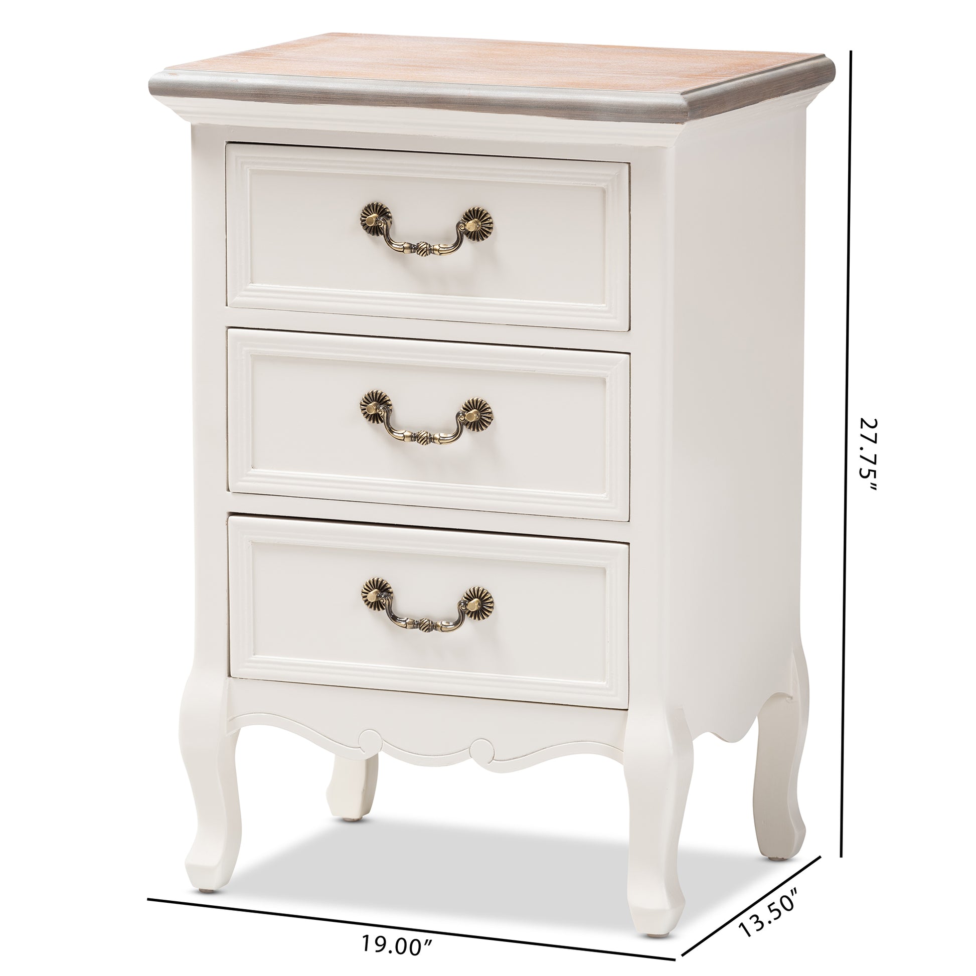 Baxton Studio Capucine Antique French Country Cottage Two Tone Natural Whitewashed Oak and White Finished Wood 3-Drawer End Table | Cabinets | Modishstore - 3