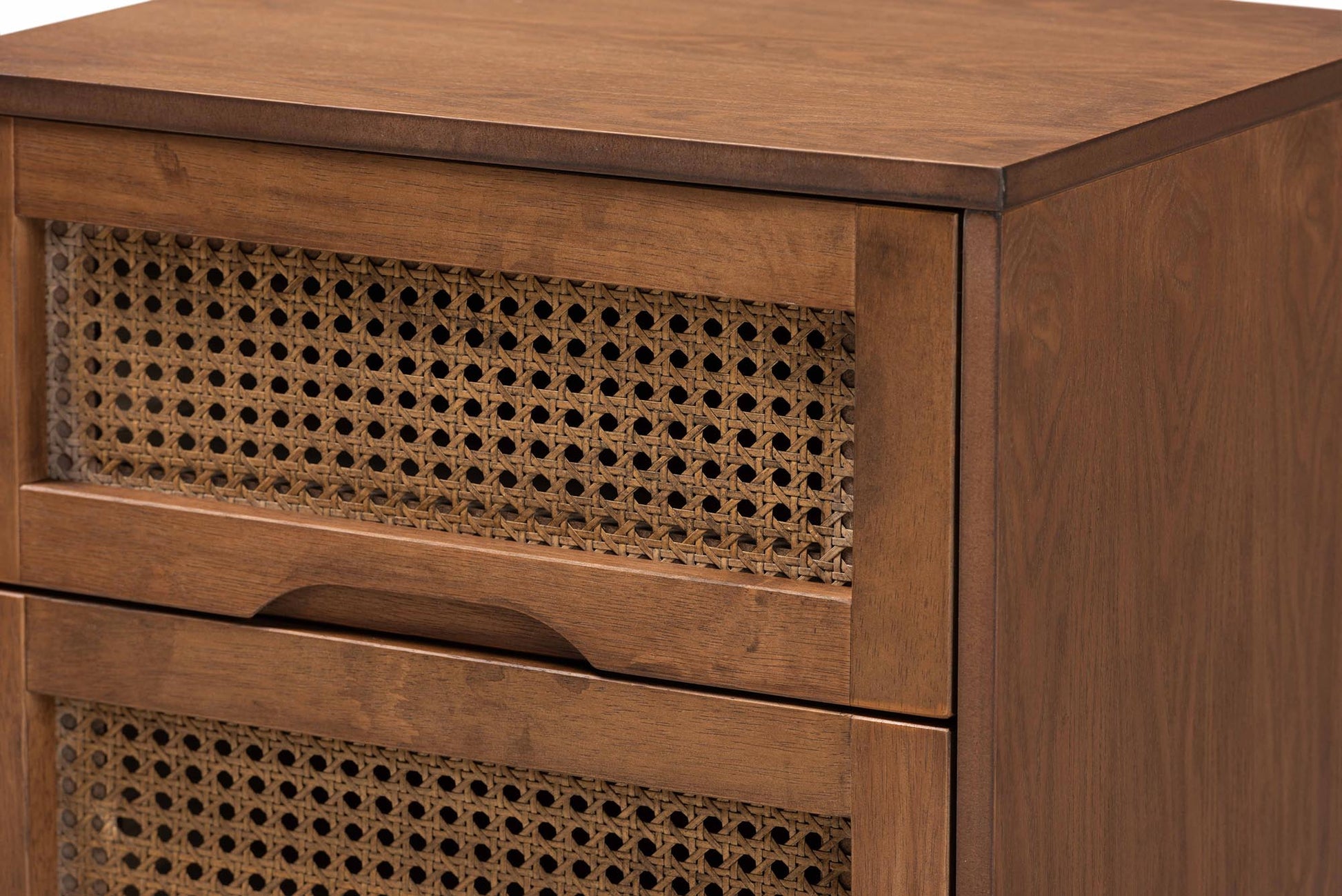 Baxton Studio Nura Mid-Century Modern Walnut Brown Finished Wood and Rattan Queen Size 3-Piece Bedroom Set | Bedroom Sets | Modishstore - 9