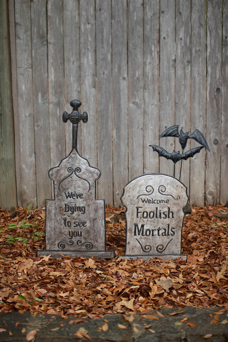 Set Two Hand-Hammered & Painted Metal Tombstone Yard Stakes By Kalalou | Garden Sculptures & Statues | Modishstore - 2