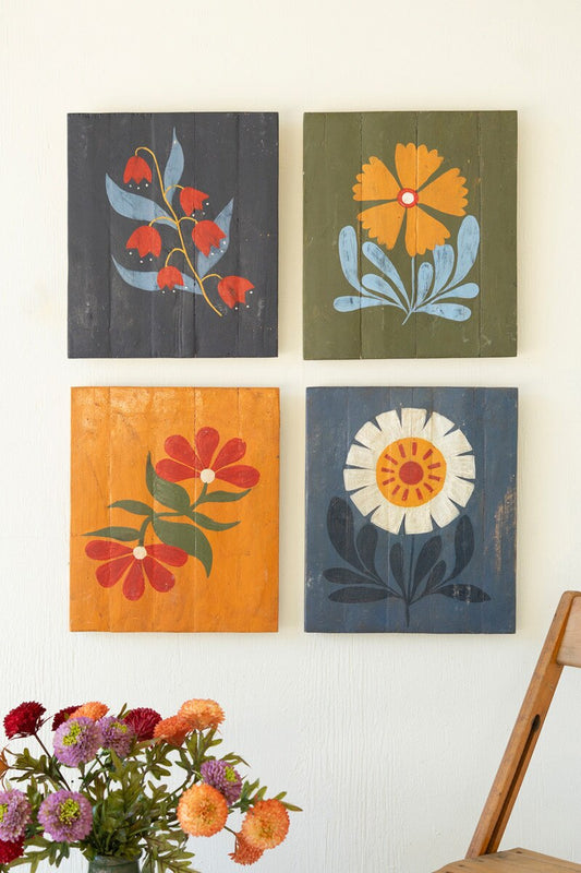 Set Of Four Hand Painted Florals On Recycled Wood Panels By Kalalou